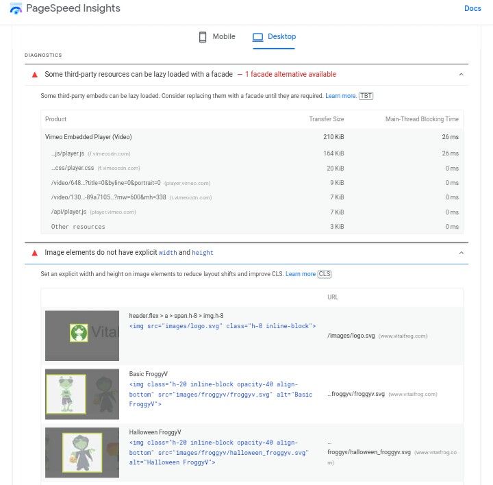 Diagnostics section PageSpeed Insight full
