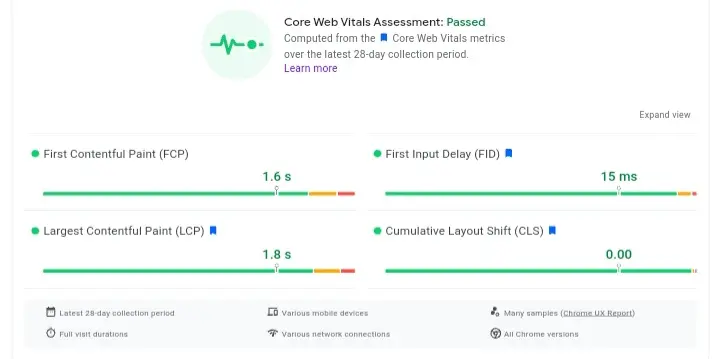 PageSpeed Insight - Field data on core web vitals.