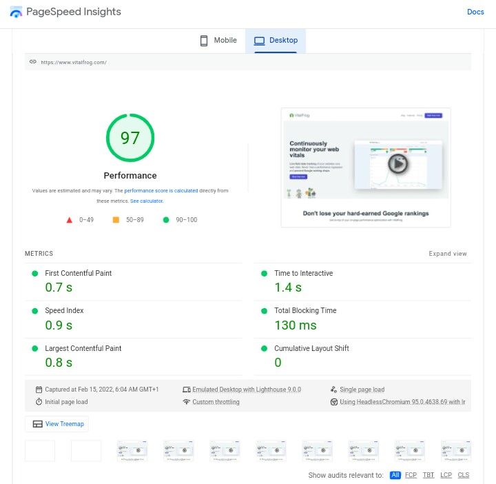 Lab data on core web vitals - PageSpeed Insight.