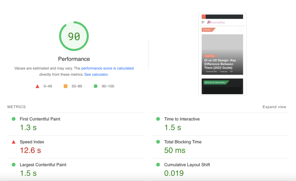 First contentful paint score from PageSpeed Insight.