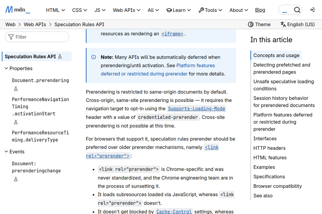 Speculation Rules API &mdash; screenshot of developer.mozilla.org