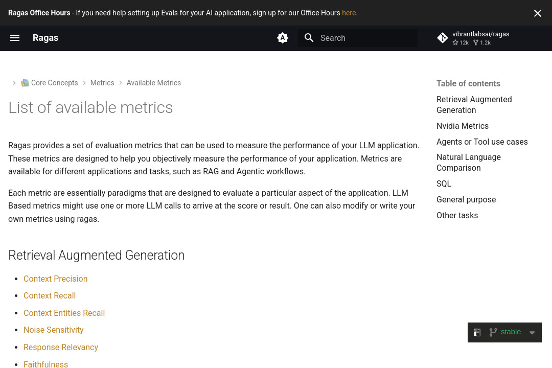 RAG Metrics &mdash; screenshot of docs.ragas.io