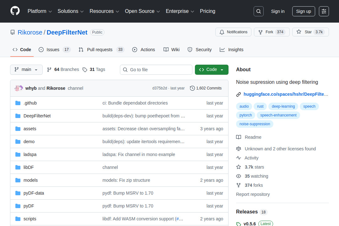 DeepFilterNet &mdash; screenshot of github.com