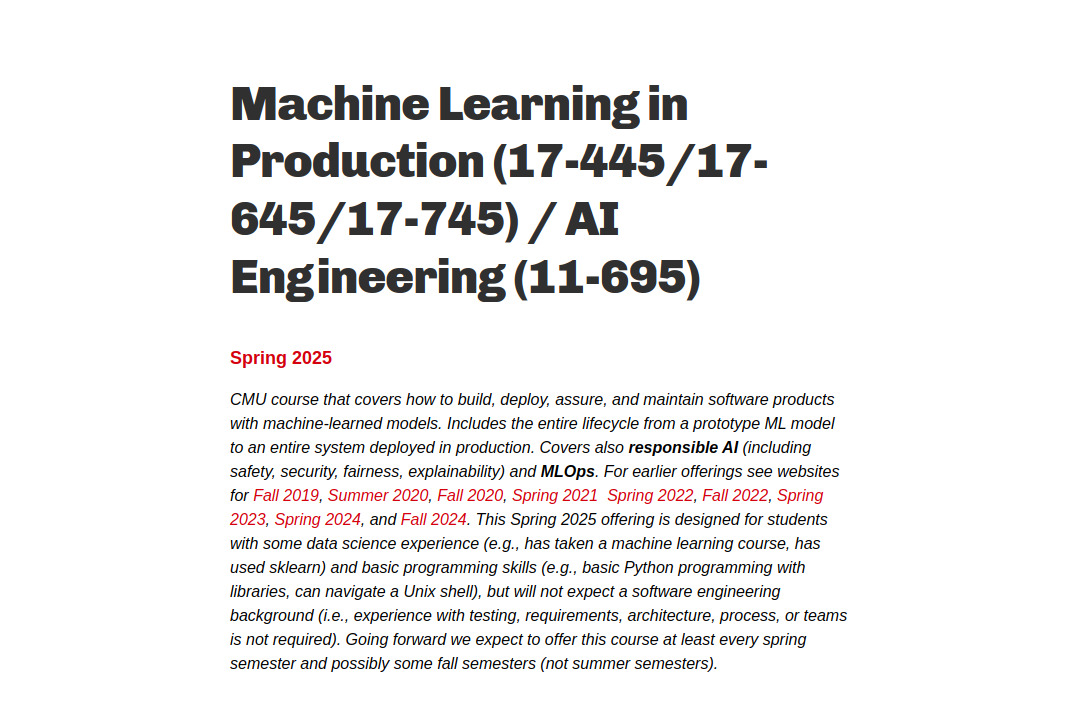 Machine Learning in Production / AI Engineering &mdash; screenshot of mlip-cmu.github.io