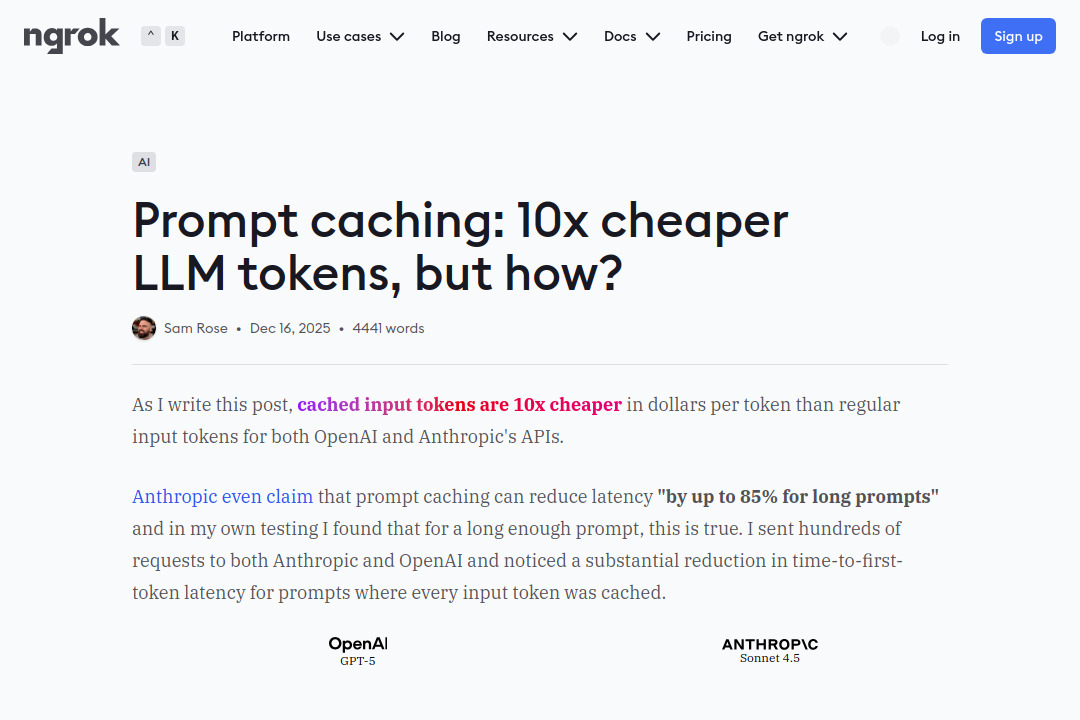 Prompt caching: 10x cheaper LLM tokens, but how? &mdash; screenshot of ngrok.com