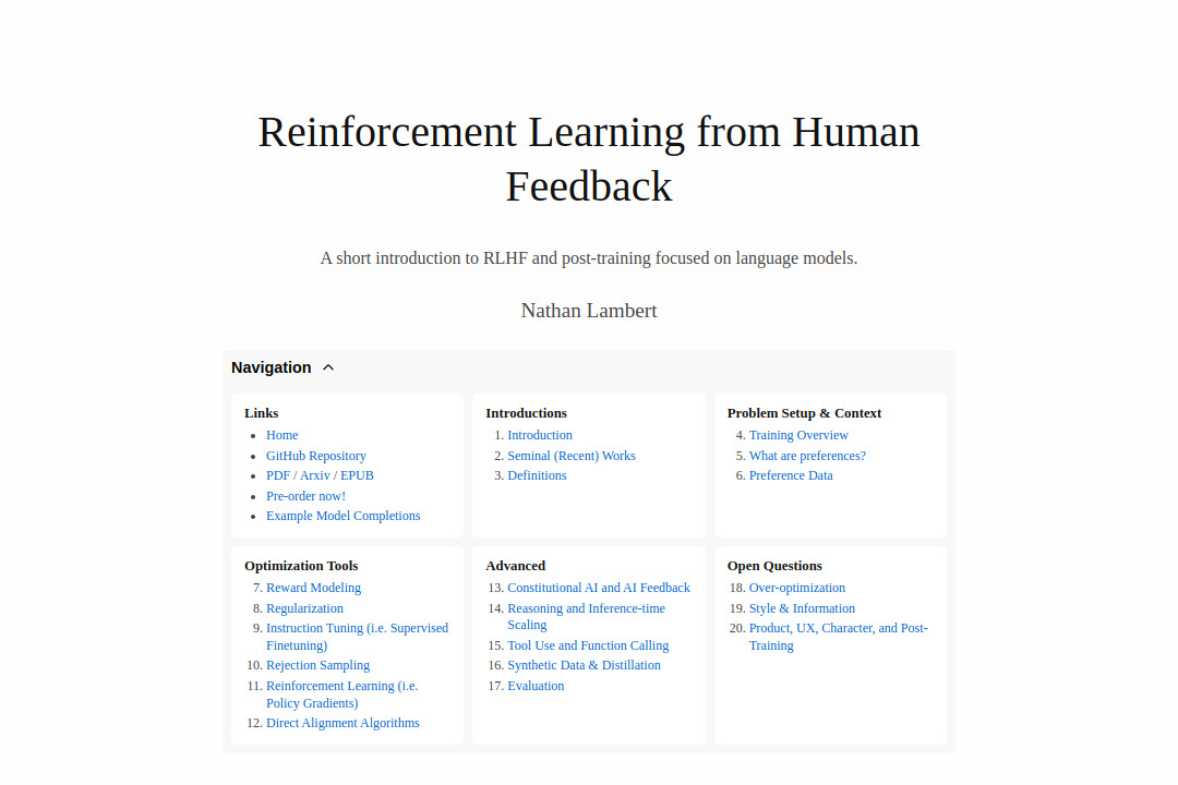 RLHF Book &mdash; screenshot of rlhfbook.com