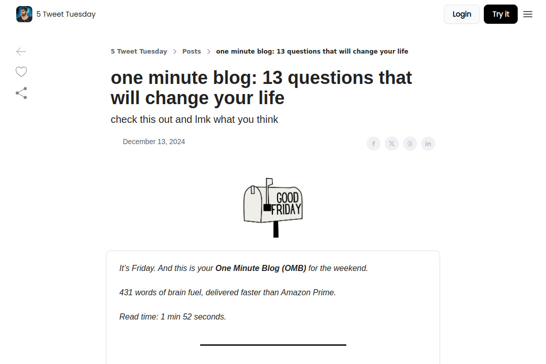 13 questions that will change your life &mdash; screenshot of shaan.beehiiv.com