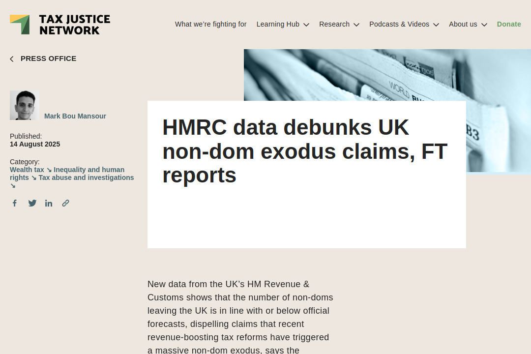 HMRC data debunks UK non-dom exodus claims &mdash; screenshot of taxjustice.net