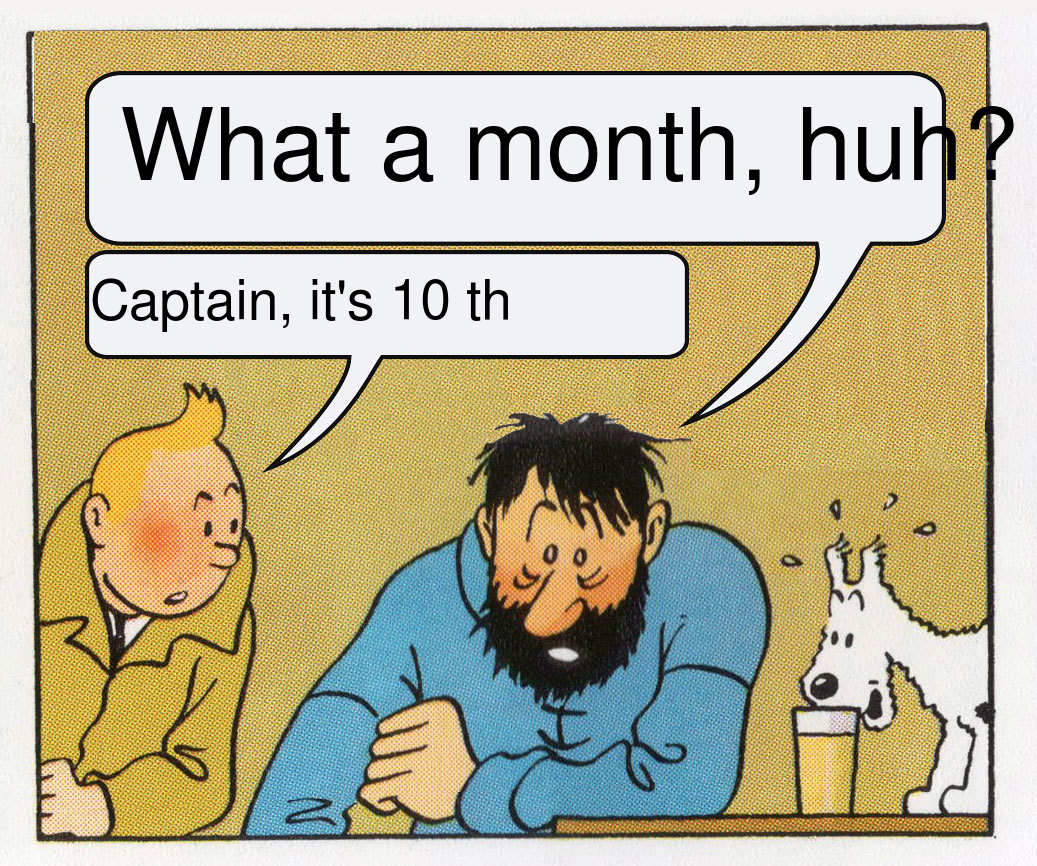 Dynamic Tintin meme saying 'What a day, huh?' with current date