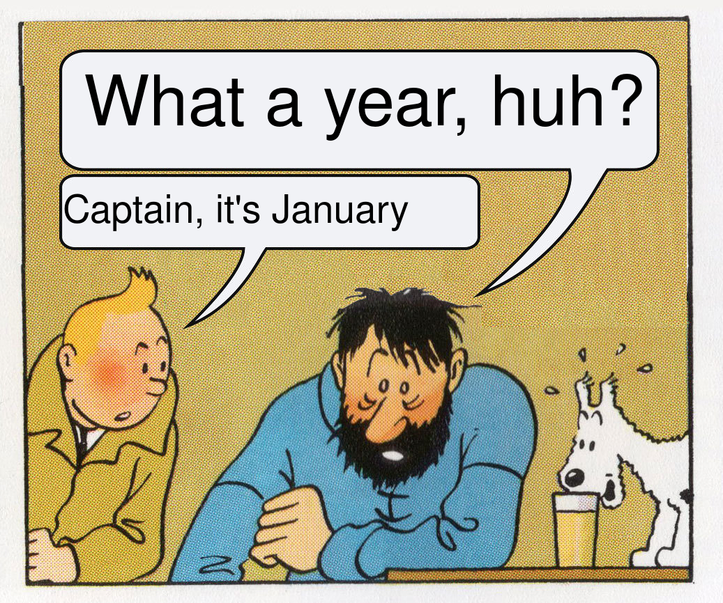 Dynamic Tintin meme saying 'What a day, huh?' with current month